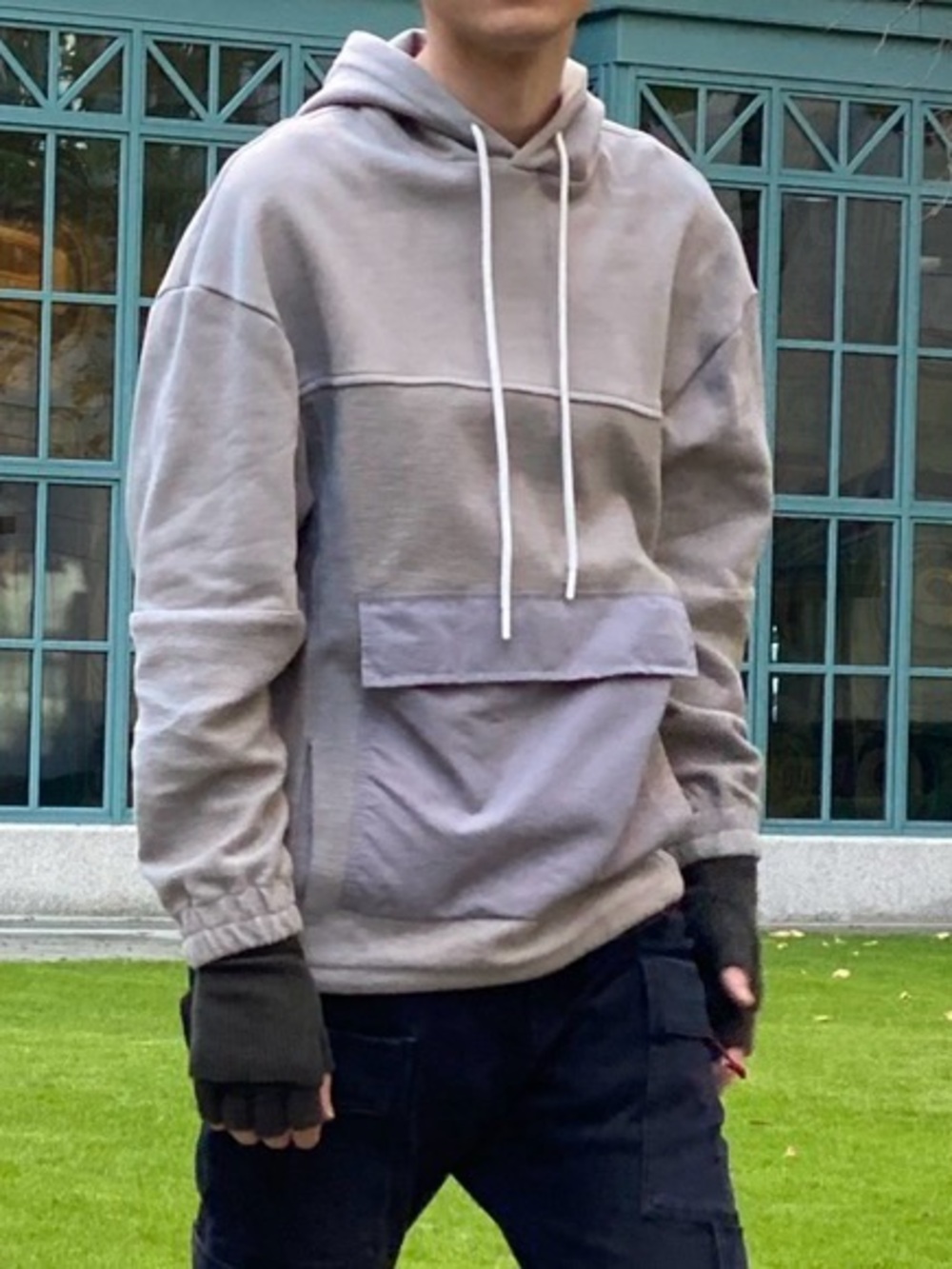Grey Hooded Pullover with Front Pocket